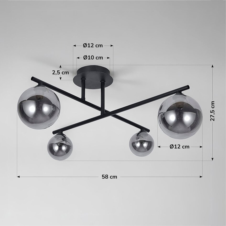Plafonnier à 4 lumières Nymo - verre fumé et noir