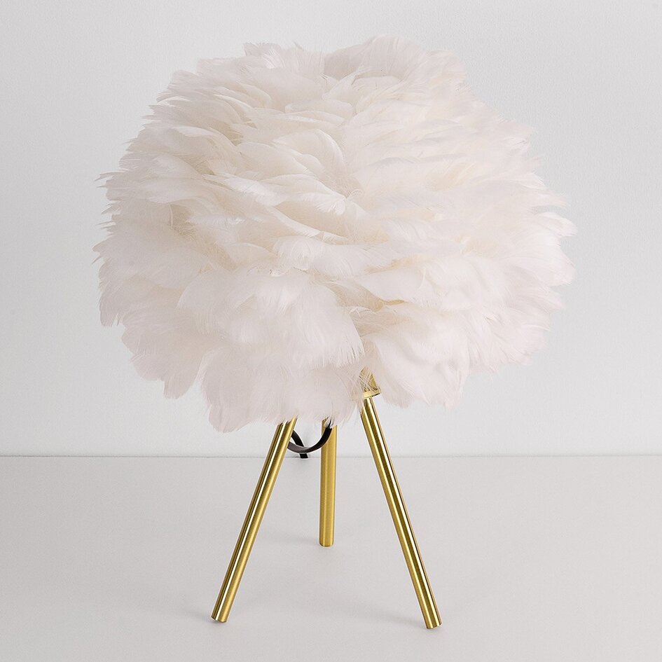 Lampe de table Saphira avec plumes blanches et base en laiton doré