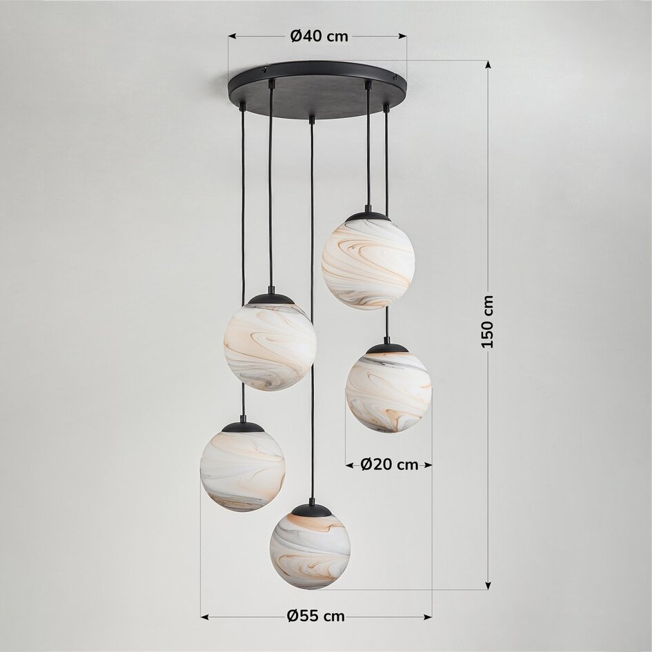 Suspension moderne Marbelle à 5 lumières - noir, globes en verre aspect marbre