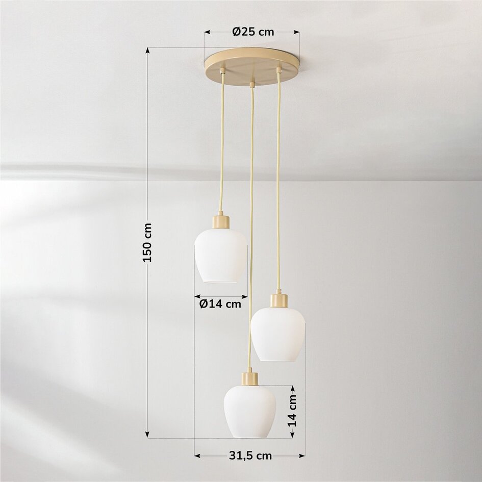Suspension moderne Stockton - beige avec verre blanc laiteux, 3 lumières