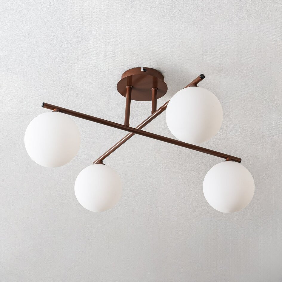 Plafonnier pivotant moderne Nymo brun avec verre blanc laiteux, 4 lumières