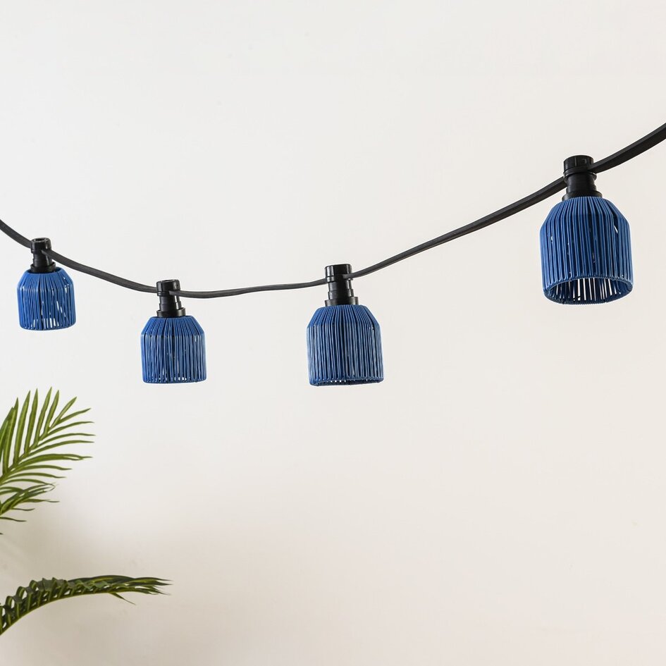 Abat-jour pour guirlande guinguette aspect rotin - bleu foncé