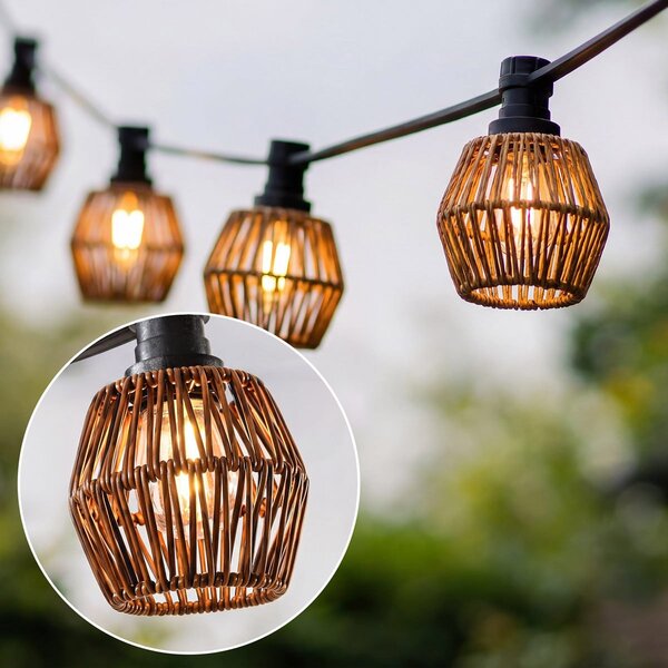 Kit guirlande guinguette avec capuchons aspect rotin foncé, disponible avec différentes ampoules LED
