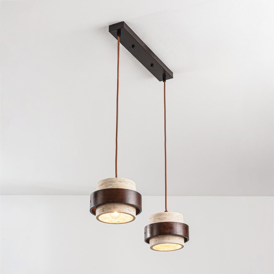 Suspension à 2 lumières Travé en travertin (pierre naturelle) et bois