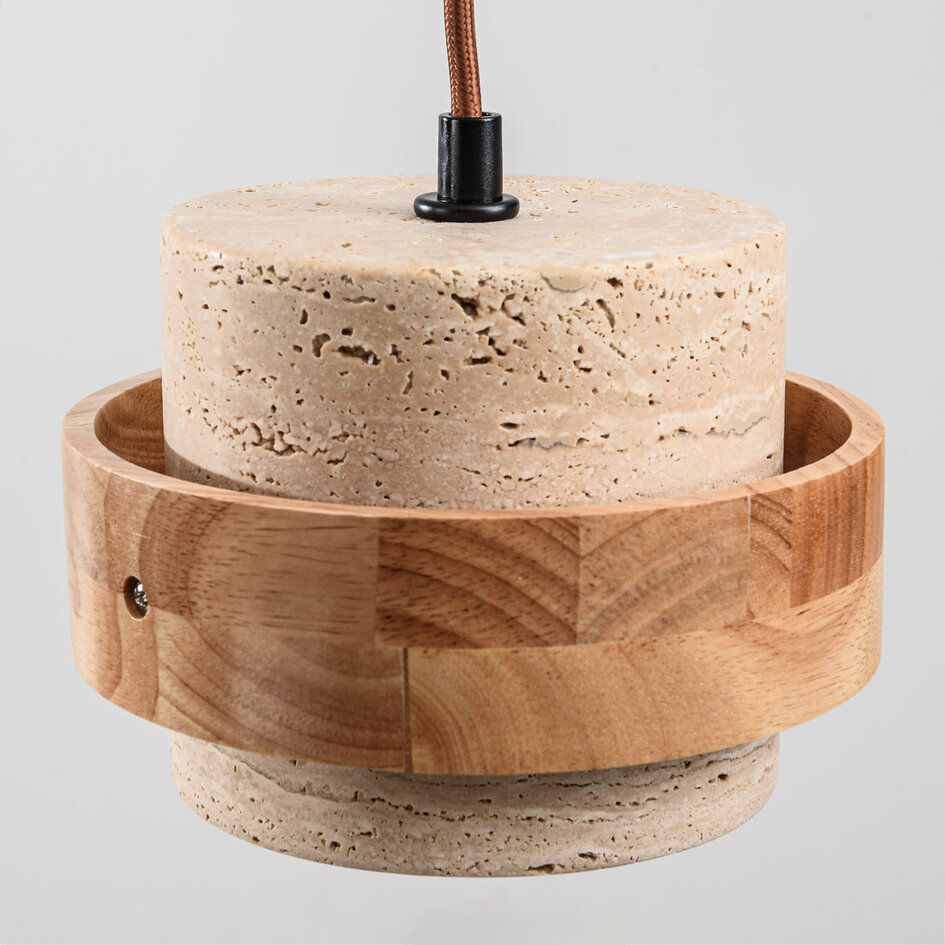 Suspension à 3 lumières Travo en travertin (pierre naturelle) et bois clair