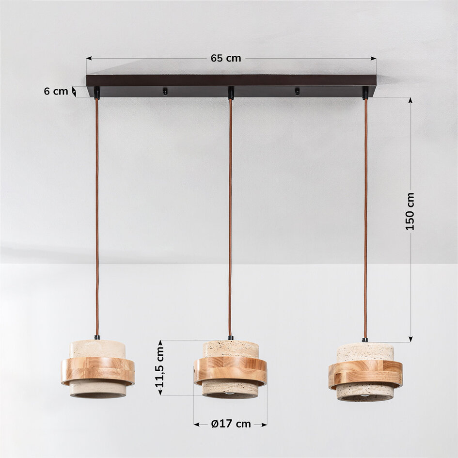 Suspension à 3 lumières Travo en travertin (pierre naturelle) et bois clair