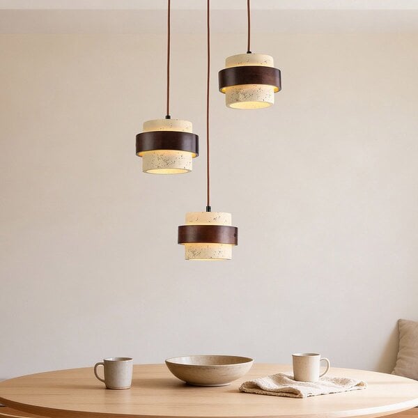 Suspension ronde Mavero - ciment et bois, 3 lumières