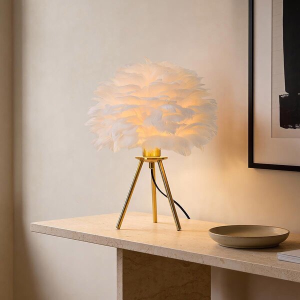 Lampe de table Saphira avec plumes blanches et pied en laiton doré