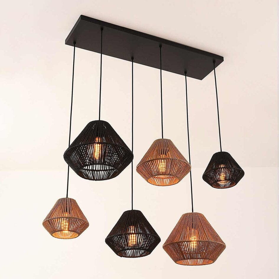Suspension à 6 lumières Ivero en corde de papier noir et marron