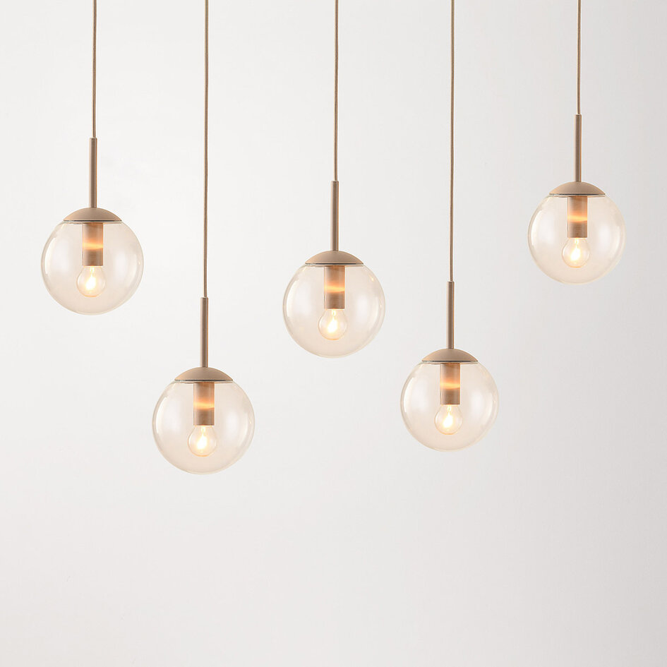 Suspension moderne Alea beige avec boules en verre transparent, 5 lumières