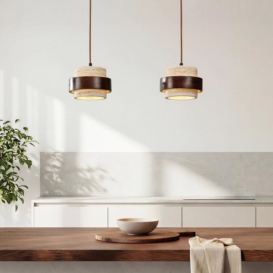 Suspension à 2 lumières Travé en travertin (pierre naturelle) et bois