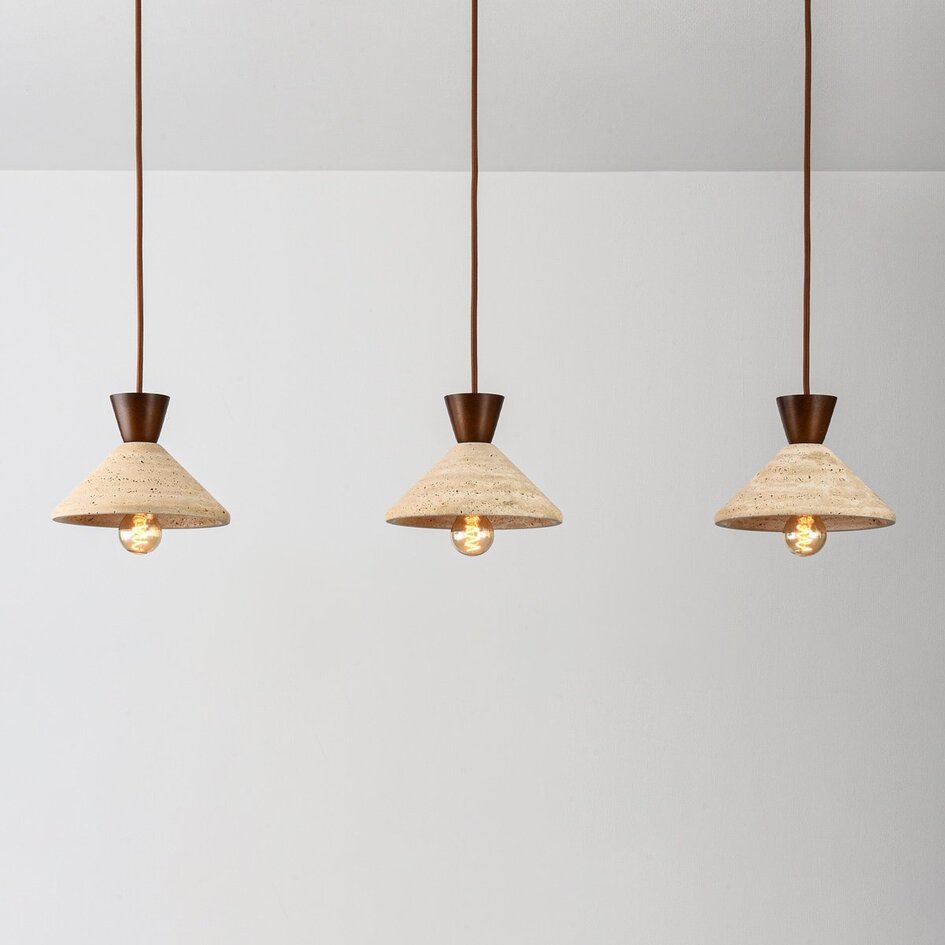 Suspension Japandi Mara à 3 lumières - travertin (pierre naturelle) et bois