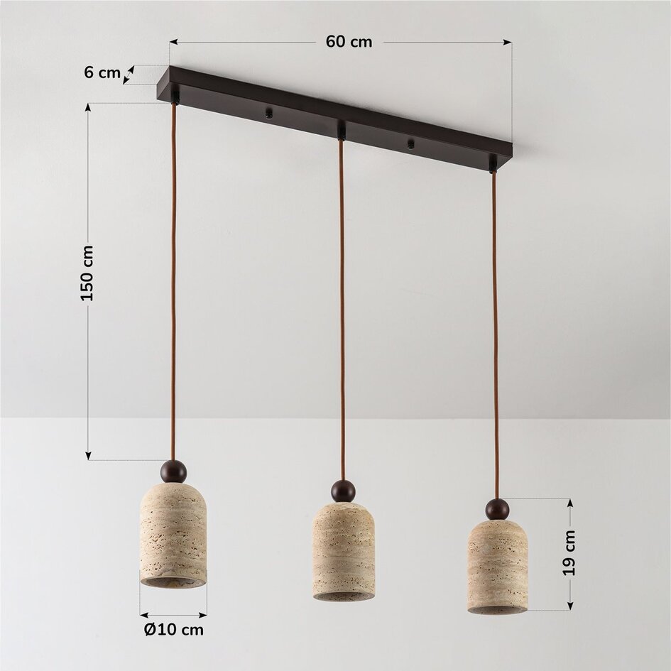 Suspension Japandi à 3 lumières Voro en travertin (pierre naturelle) et bois