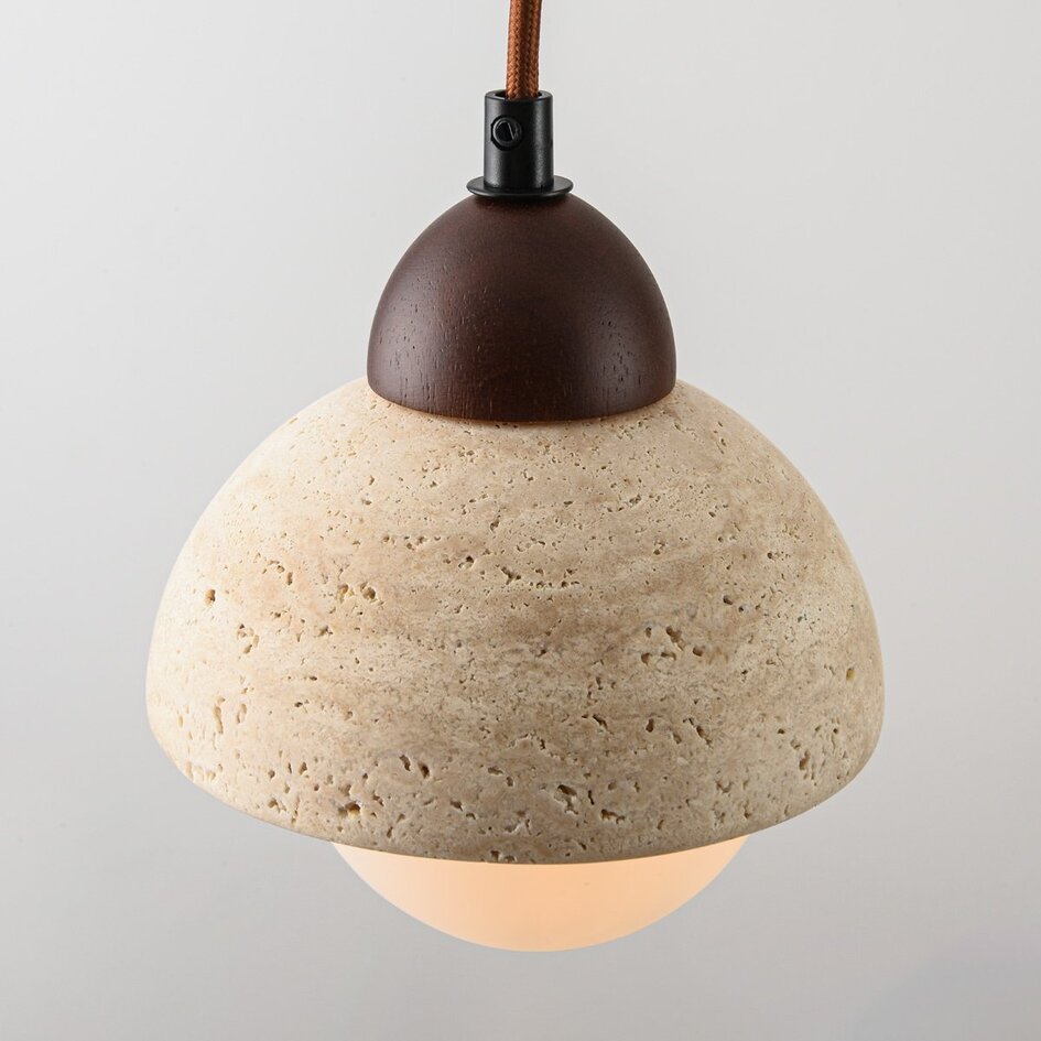 Suspension Vado à 3 lumières - travertin (pierre naturelle), bois et verre