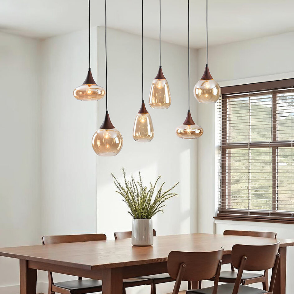 Lampe suspendue en verre ambré et aspect bois foncé, 6 lumières - Loic