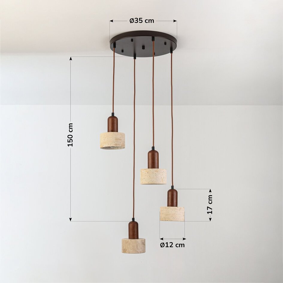 Suspension Japandi Muro à 4 lumières - travertin (pierre naturelle) et bois