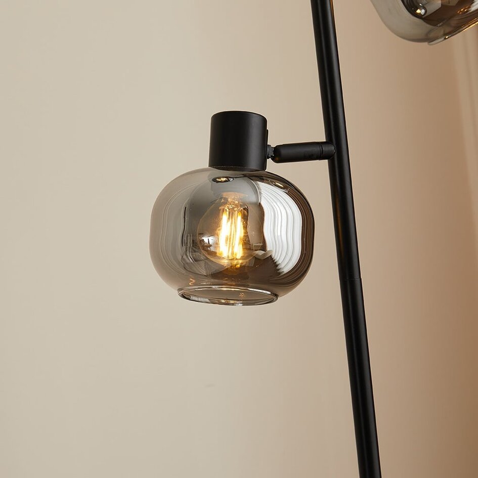 Lampadaire Jesse 3 lumières en noir, verre fumé et effet miroir