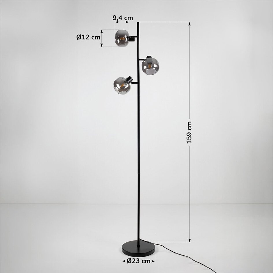 Lampadaire Jesse 3 lumières en noir, verre fumé et effet miroir