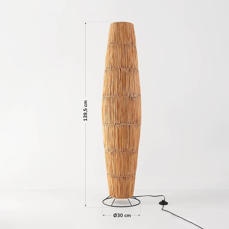 Lampadaire Plecta en papier raphia avec pied métallique noir - 140 cm