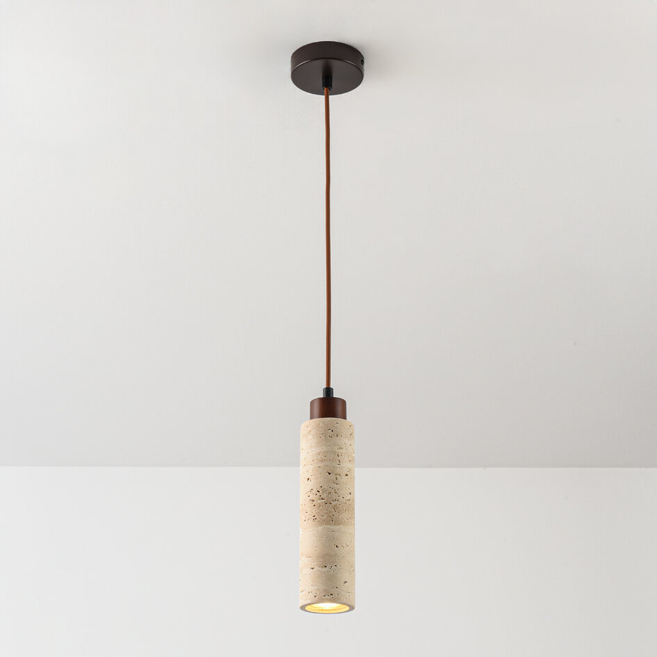 Suspension Oreno en travertin (pierre naturelle) et bois incl. source lumineuse Philips