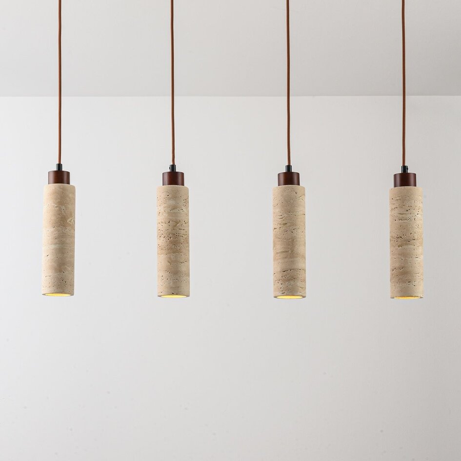 Suspension Oreno à 4 lumières - travertin (pierre naturelle) et bois, ampoules incluses
