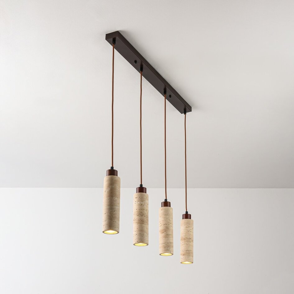 Suspension Oreno à 4 lumières - travertin (pierre naturelle) et bois, ampoules incluses