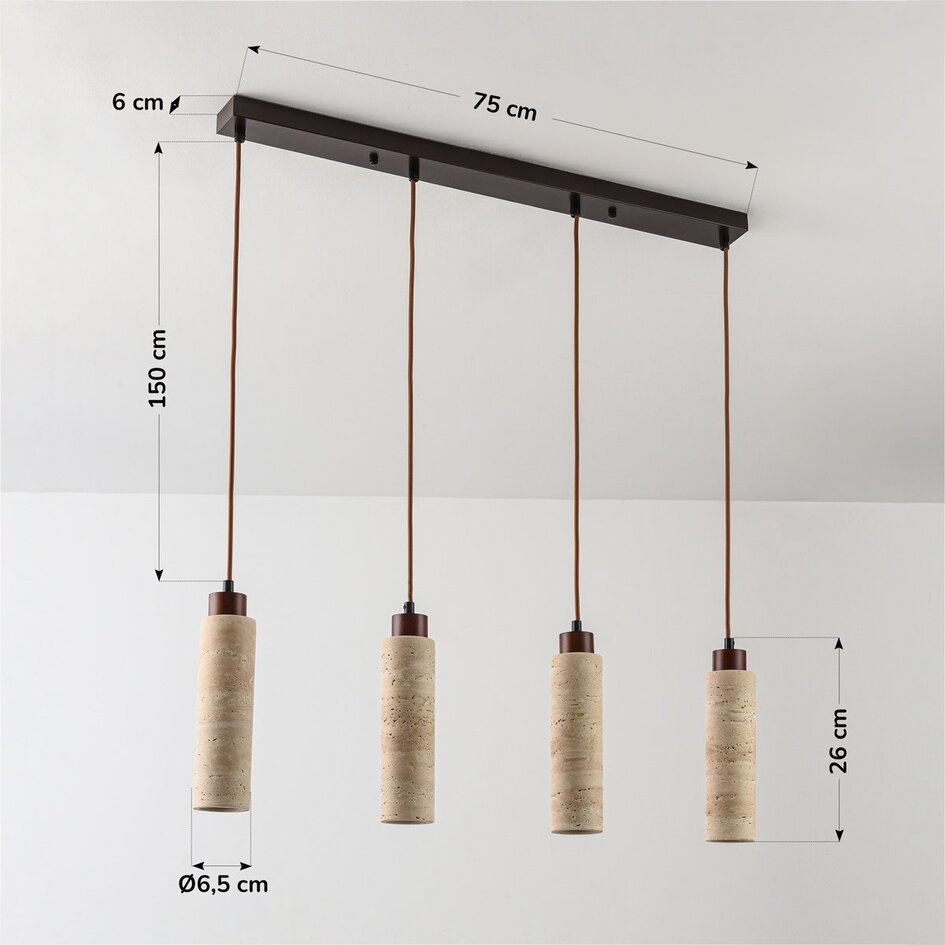 Suspension Oreno à 4 lumières - travertin (pierre naturelle) et bois, ampoules incluses