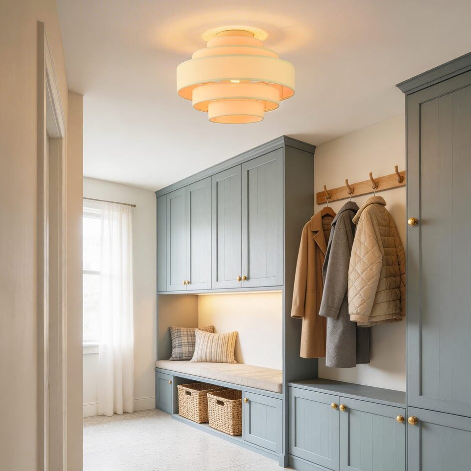 Plafonnier Mavro crème beige avec abat-jour en tissu superposé