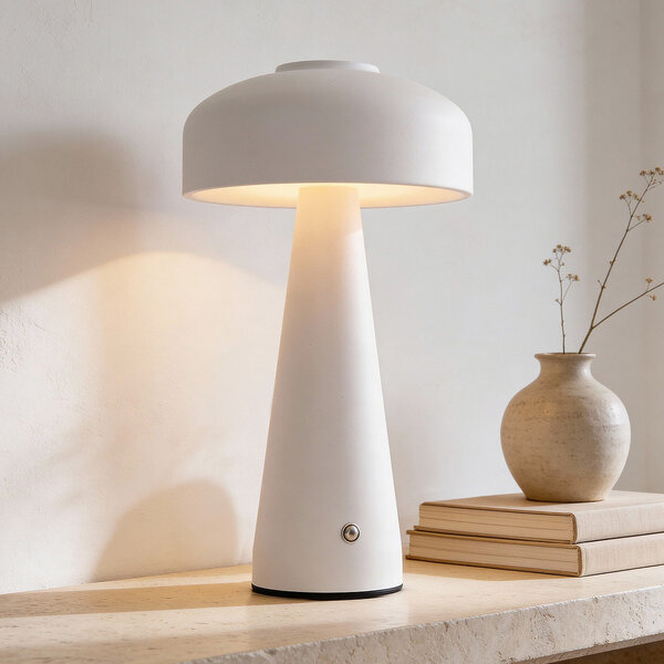 Lampe champignon rechargeable Soma en blanc avec variateur tactile et température de couleur réglable