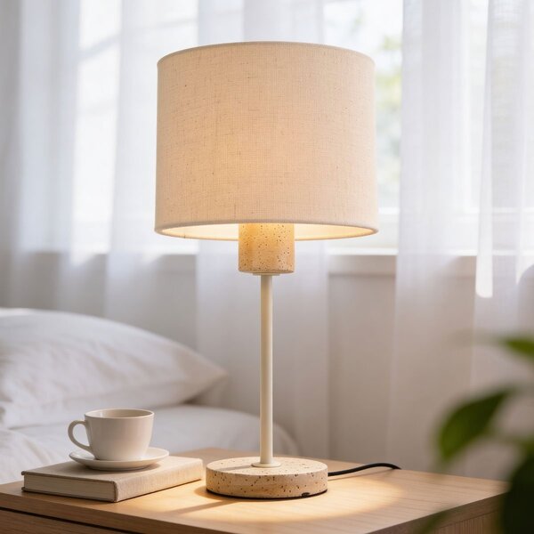 Lampe de table Aurea beige avec abat-jour en lin et effet travertin