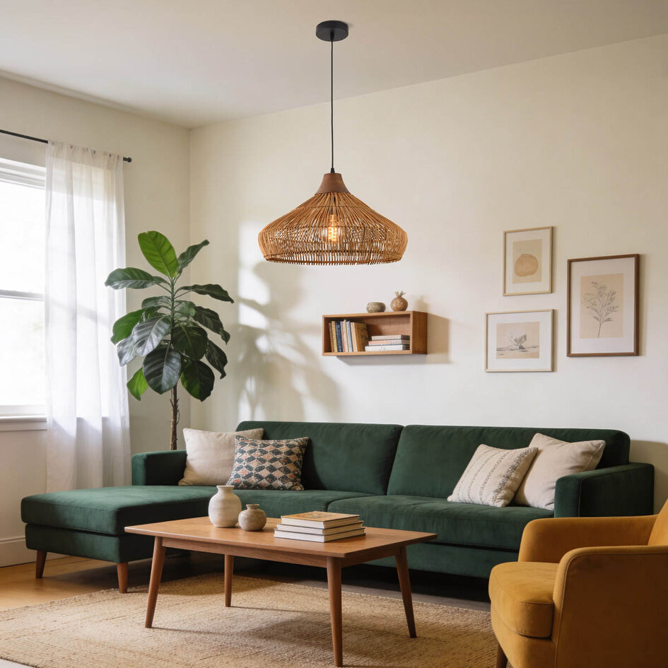 Suspension Suki en rotin tressé à la main avec détail en bois Ø49 cm