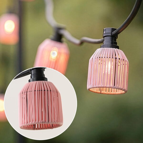 Kit guirlande guinguette, abat-jours aspect rotin rose, ampoules LED au choix