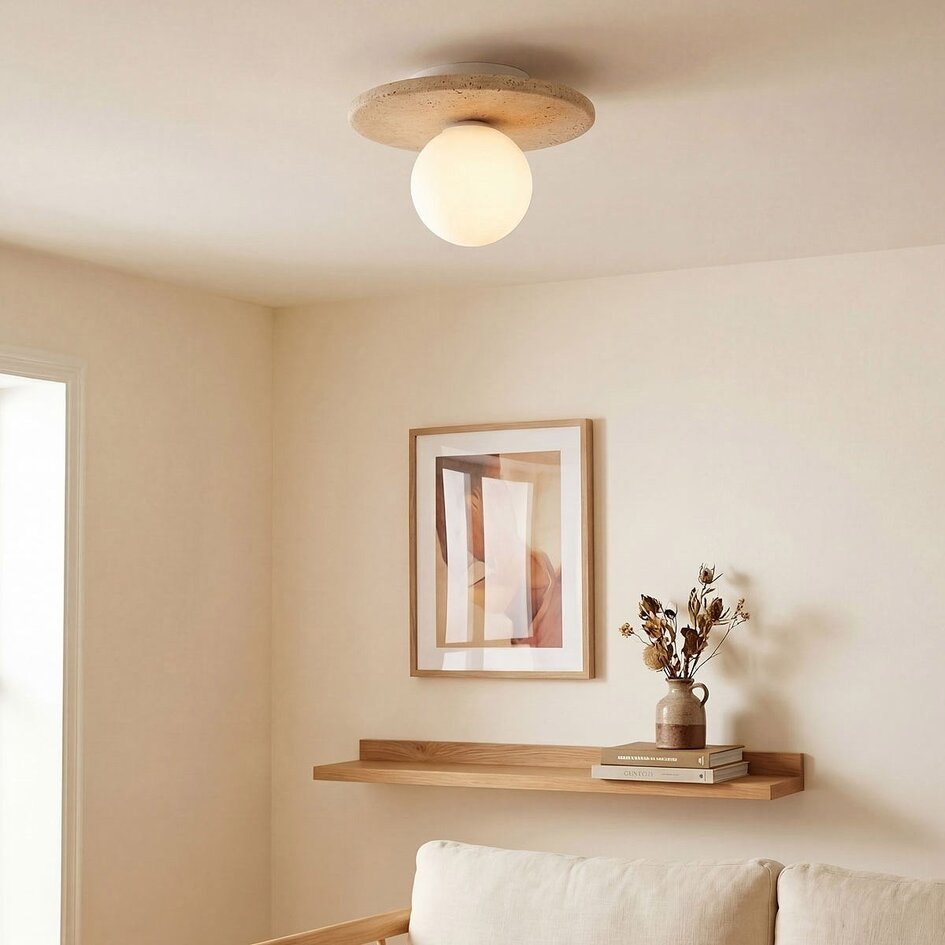 Plafonnier Cenno avec aspect travertin et verre blanc laiteux