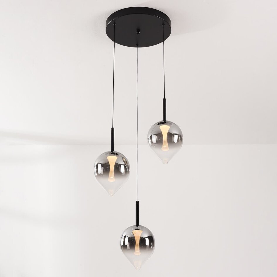 Suspension Drop à 3 lumières avec verre fumé et LED intégrée – dimmable à 3 étapes