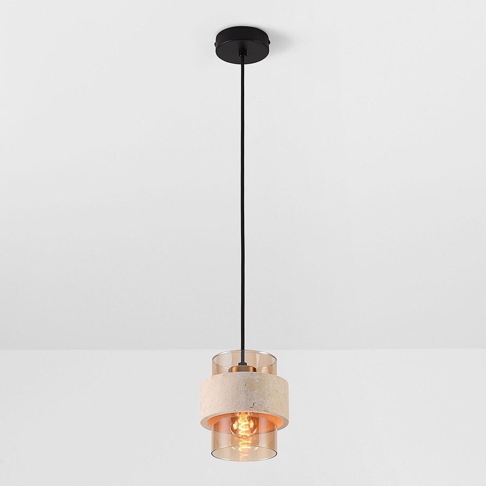 Suspension Yuki avec travertin (pierre naturelle) et verre ambré