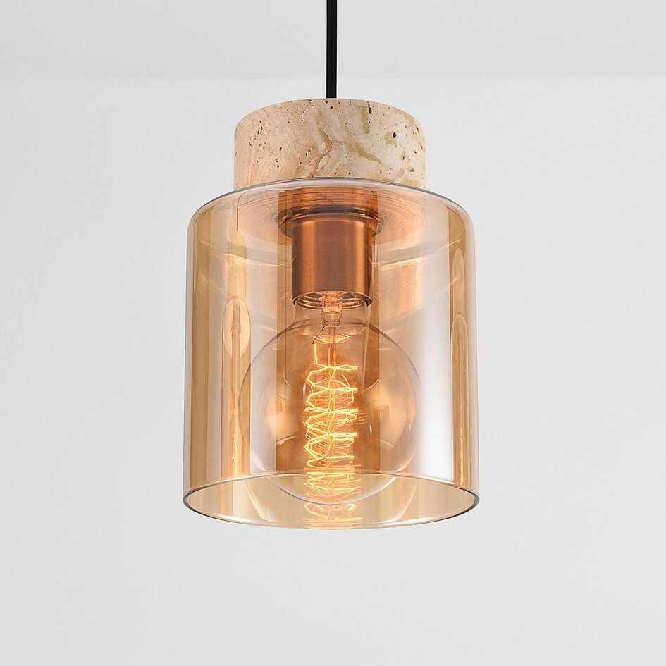 Suspension Naki 3 lumières avec travertin (pierre naturelle) et verre ambré