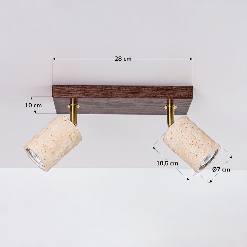 Plafonnier Orven avec 2 spots orientables en travertin (pierre naturelle) et aspect bois