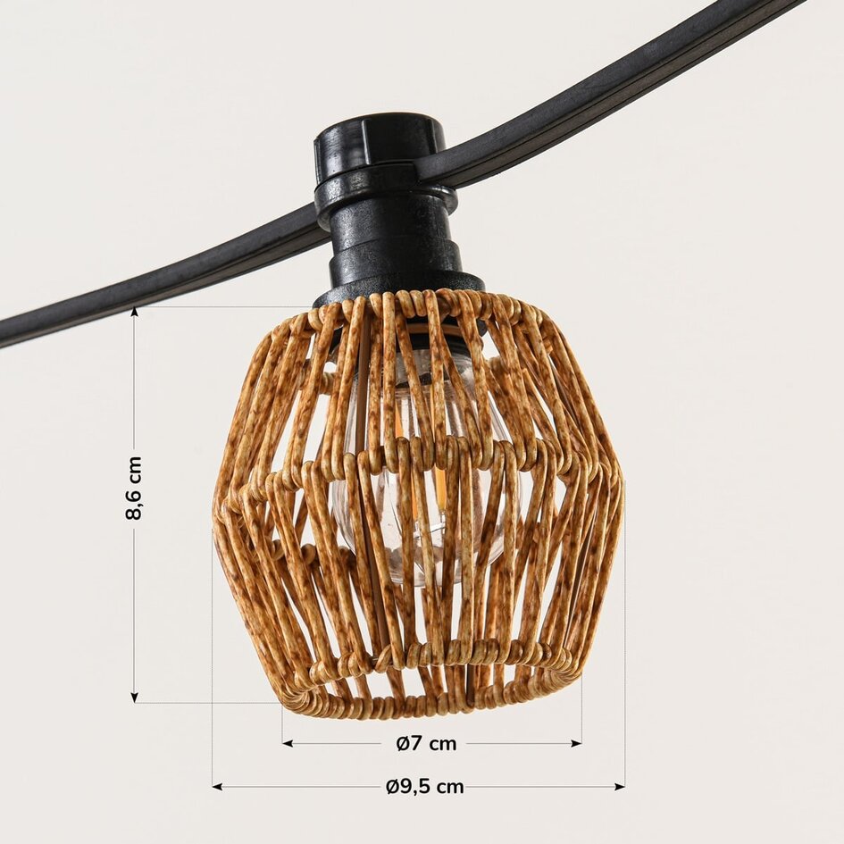 Kit de guirlande guinguette avec abat-jour jaune-brun chiné aspect rotin, disponible avec différentes ampoules LED