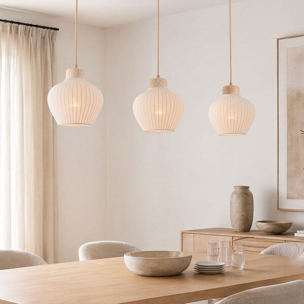 Suspension 3 lumières Carru avec abat-jours en tissu et travertin (pierre naturelle)