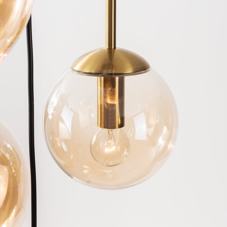 Suspension Marui à 5 lumières avec boules en verre ambré et accents dorés