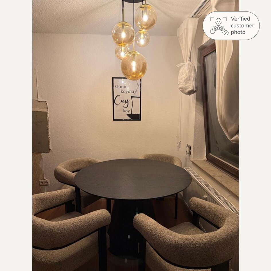 Suspension Marui à 5 lumières avec boules en verre ambré et accents dorés