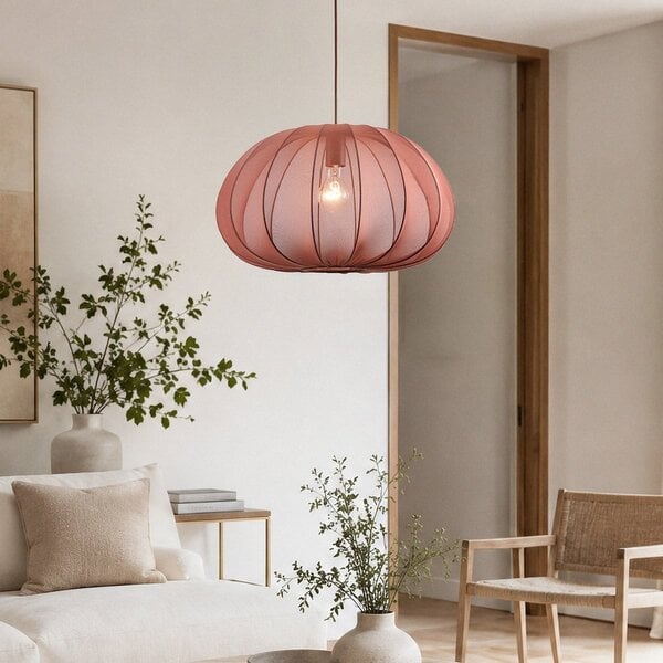 Suspension Ecruva avec abat-jour rond en tissu rose terre cuite