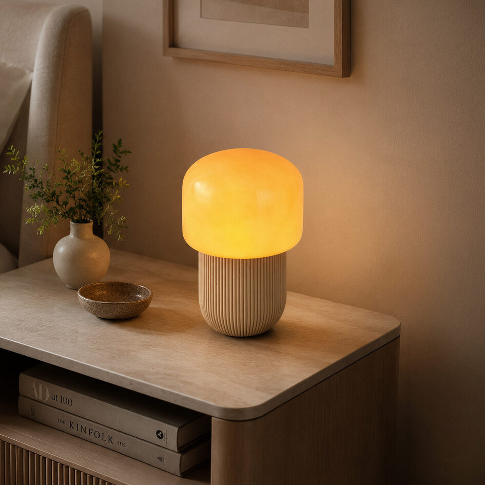 Lampe de table Ledine avec verre ambré et pied nervuré - taupe