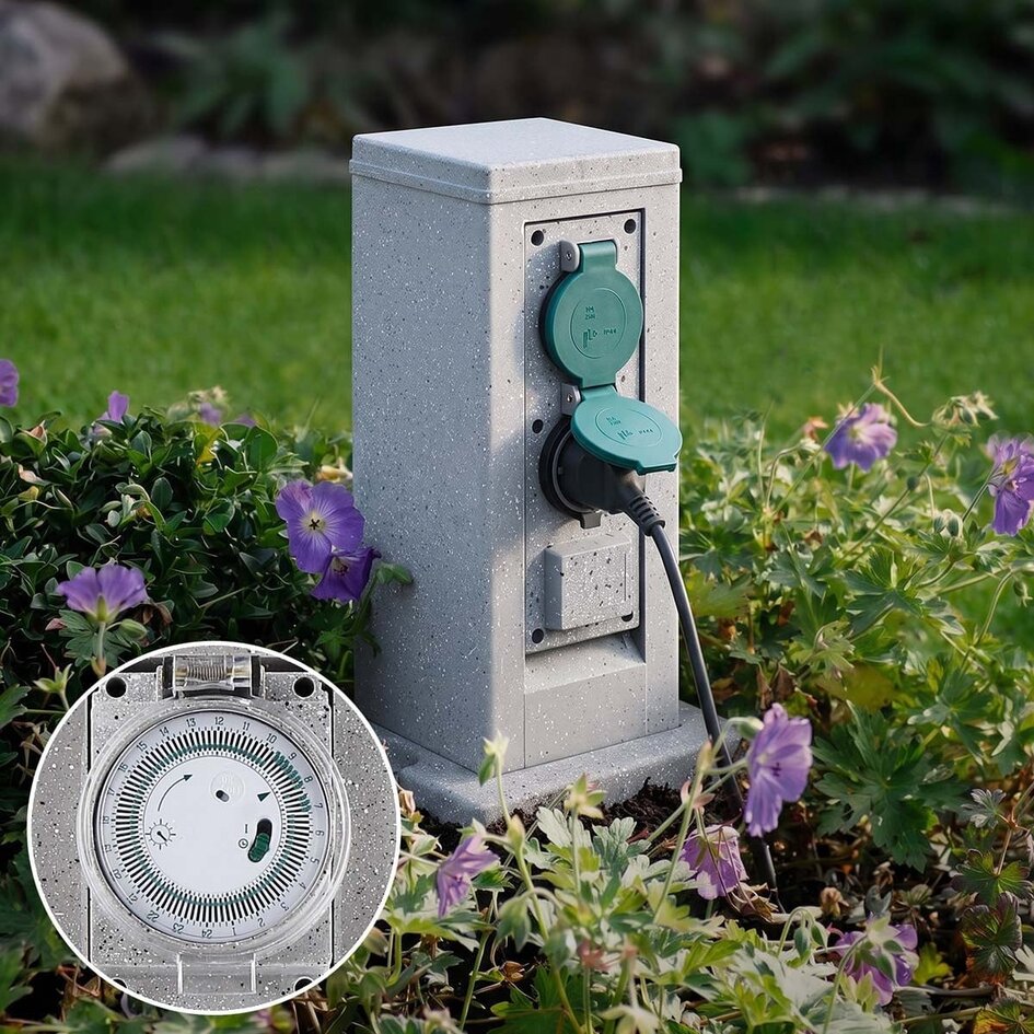 Prise extérieure double IP44 avec minuterie - aspect pierre
