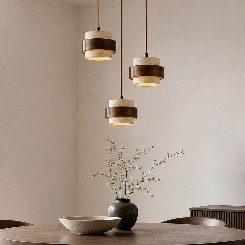 Design de suspension Travé en travertin (pierre naturelle) et bois, 3 lumières
