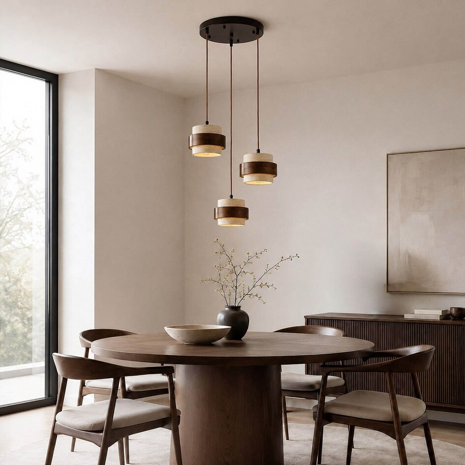 Design de suspension Travé en travertin (pierre naturelle) et bois, 3 lumières