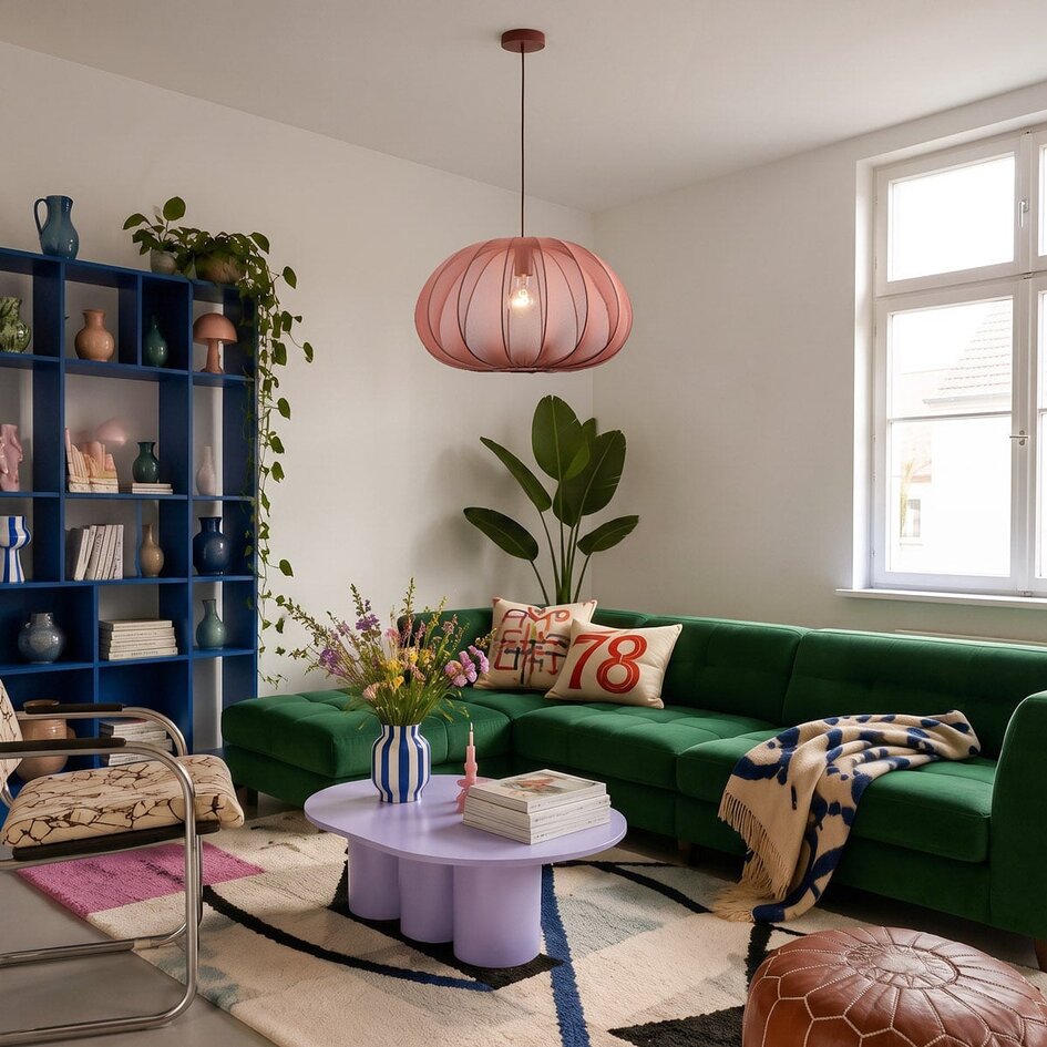 Suspension Ecruva avec abat-jour rond en tissu rose terre cuite