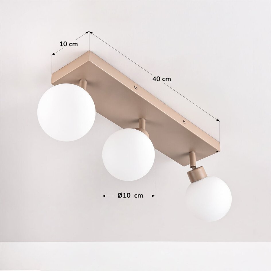 Plafonnier Vano avec 3 points lumineux orientables - beige sable avec verre blanc laiteux