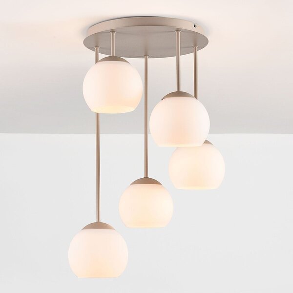 Plafonnier Carat en travertin (pierre naturelle) avec verre blanc laiteux, 5 lumières - beige