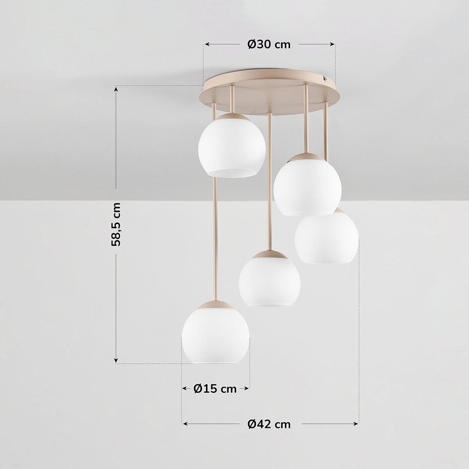 Plafonnier Carat en travertin (pierre naturelle) avec verre blanc laiteux, 5 lumières - beige